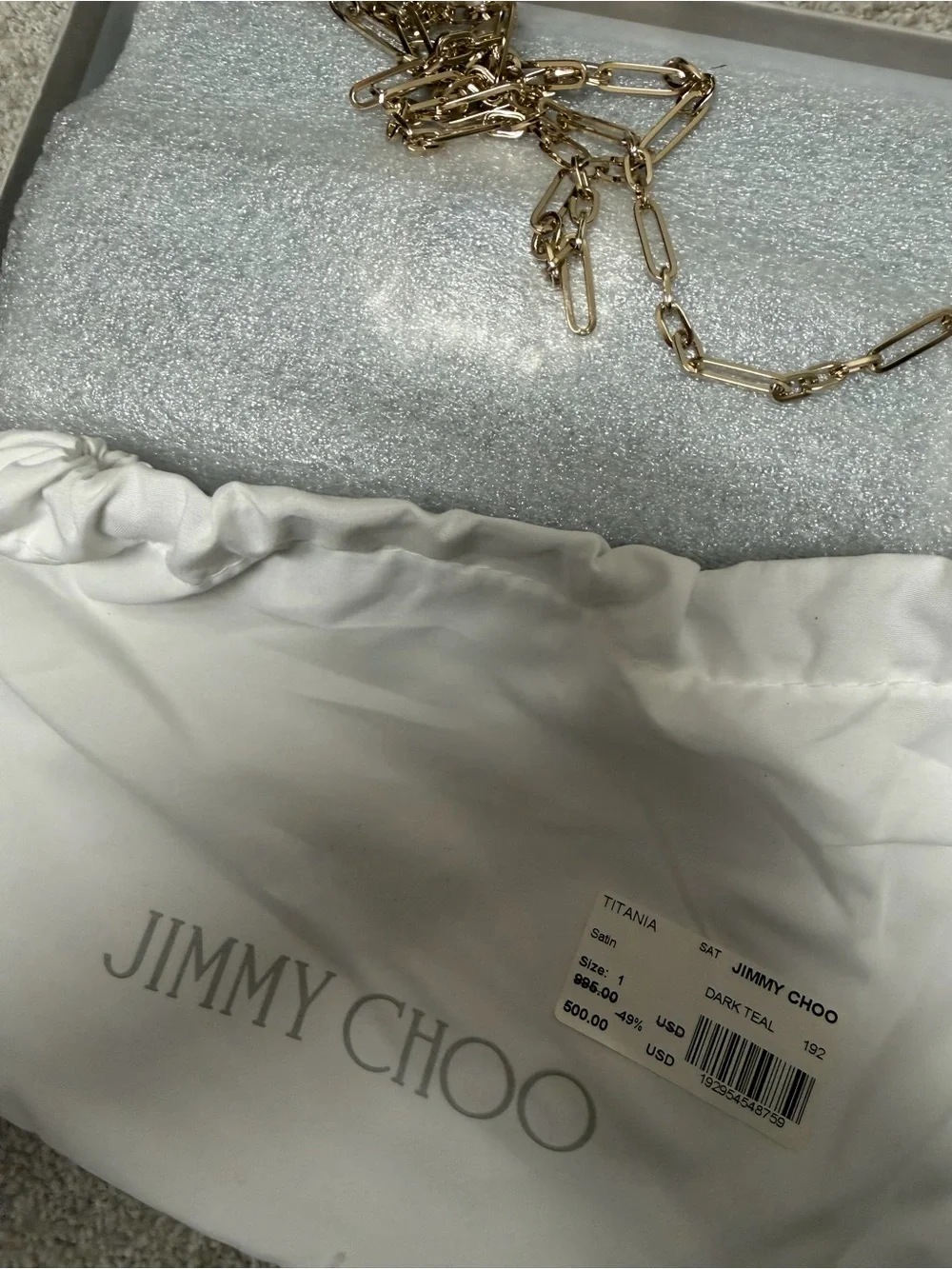 Jimmy Choo Teal Satin Evening Clutch with Crystal Brooch and Gold Chain
